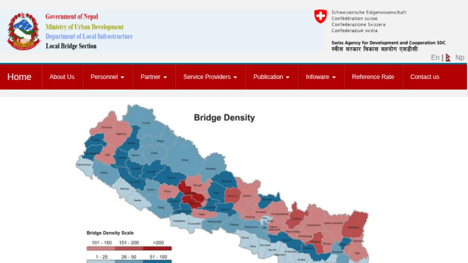 Nepal Trail Bridges web portal showing a bridge density map of Nepal's districts