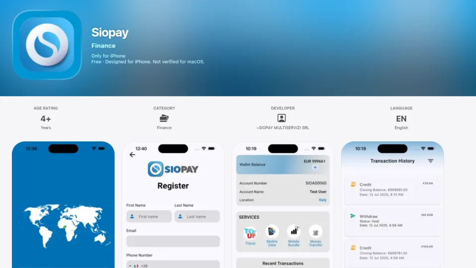 Siopay finance app for iPhone: app listing with register, wallet and transaction history screens