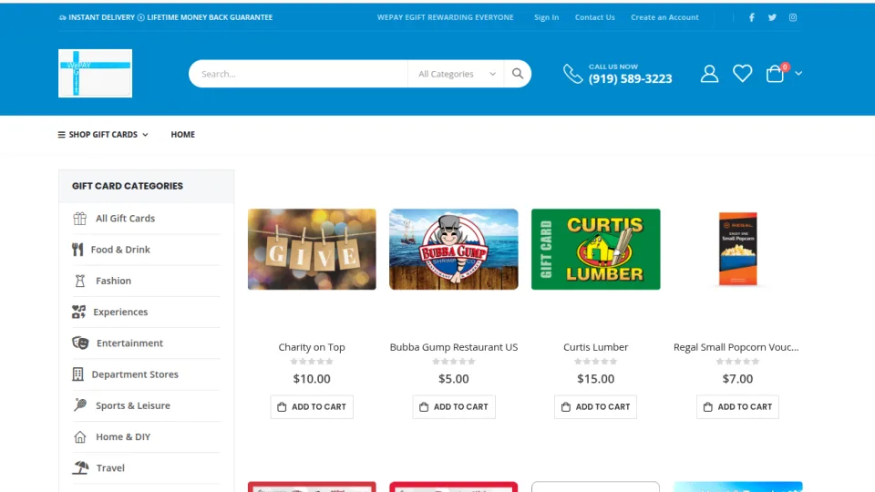 WePay eGift online gift card store showing gift card categories and products